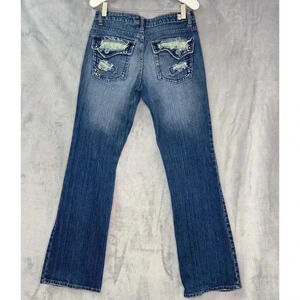 Vintage BONGO Y2K flared jeans Sz 9 Tweed Inserts patch Flap Pockets Rhinestones
